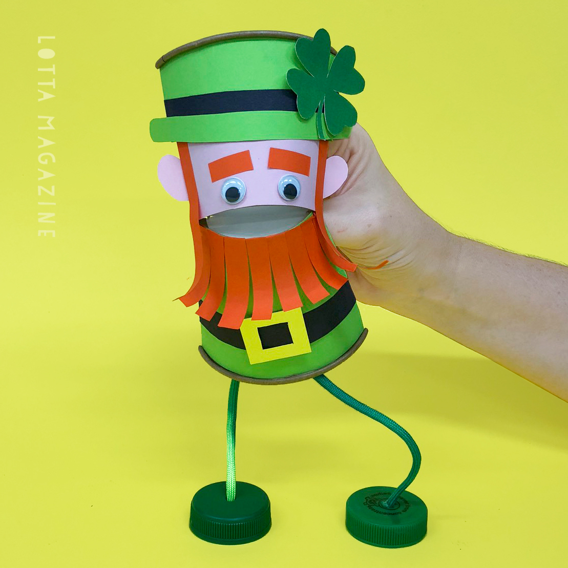 Lotta Leprechaun paper cup puppet | Puppet crafts for kids