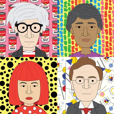 Famous artist classroom posters with pattern backgrounds inspired by the artists work.