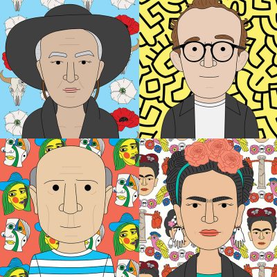 Famous artist classroom posters with pattern backgrounds inspired by the artists work.