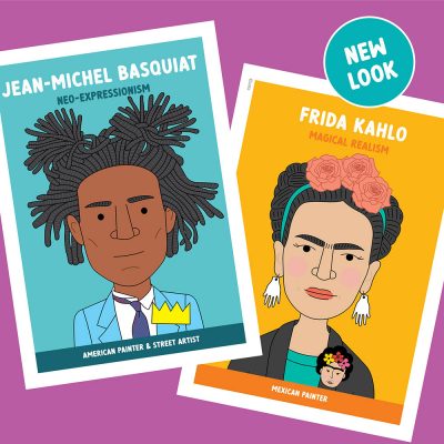 Famous artist classroom posters in bright colours. Frida Kahlo & Basquiat
