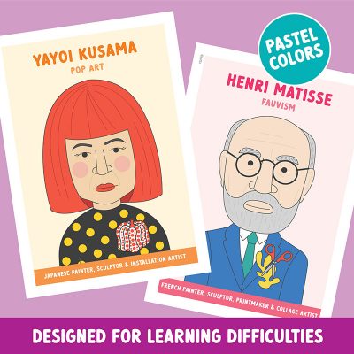 Famous artist classroom posters in pastel colours designed for neurodiversity. Yayoi Kusama & Henri Matisse