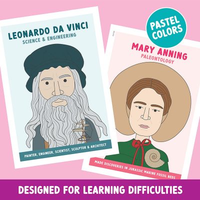 Famous scientist classroom posters in pastel colours designed for neurodiversity. Da vinci & Mary Anning.