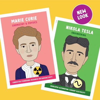 Famous scientist classroom posters with original illustrations and bright colours