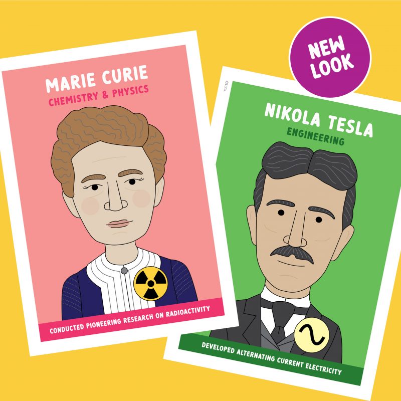 Famous scientist classroom posters with original illustrations and bright colours
