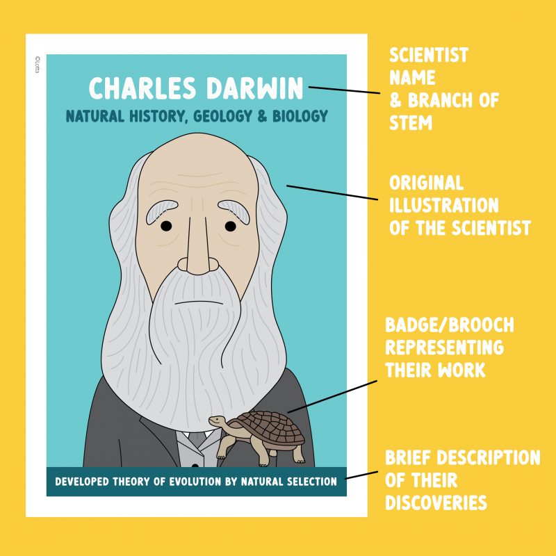 Famous scientist classroom posters with original illustrations and bright colours