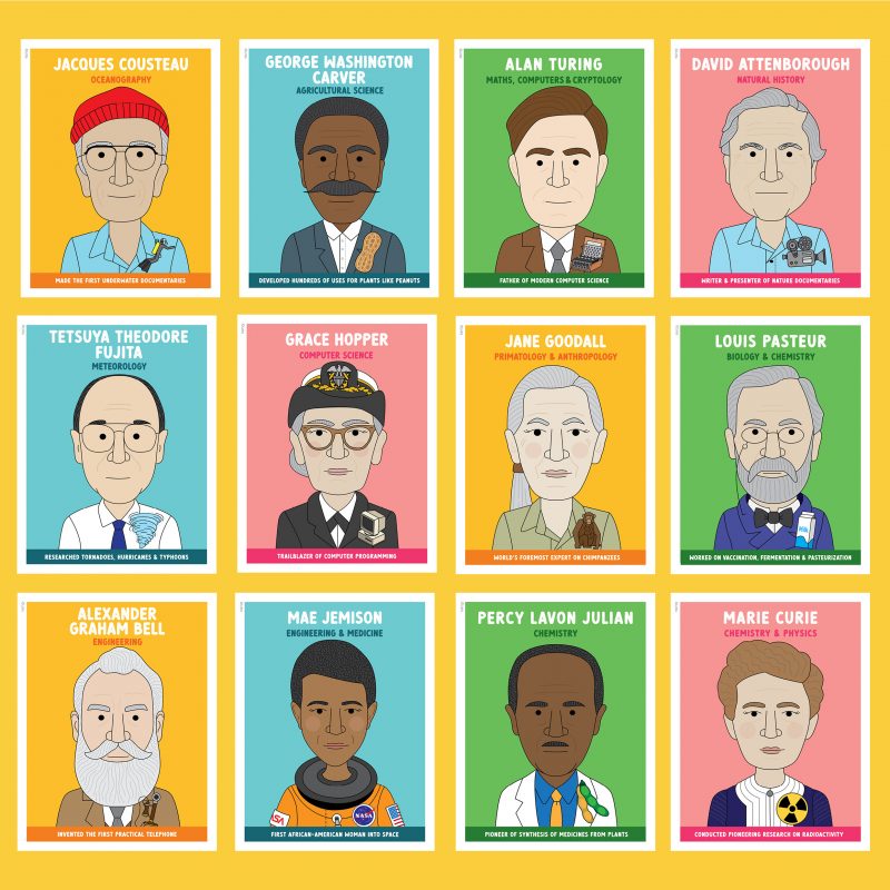 Famous scientist classroom posters with original illustrations and bright colours
