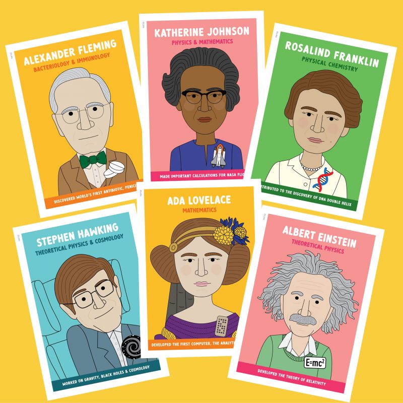 Famous scientist classroom posters with original illustrations and bright colours