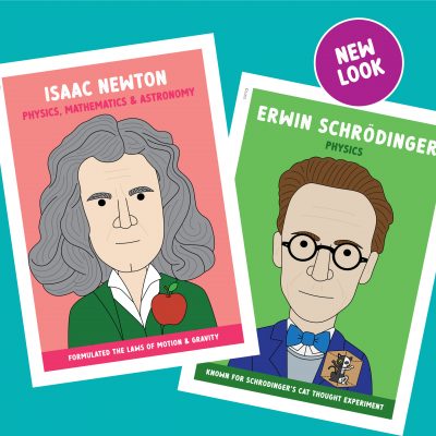Famous scientist classroom posters with original illustrations and bright colours