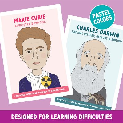 Famous scientist classroom posters in pastel colours designed for neurodiversity Marie Curie & Charles Darwin.