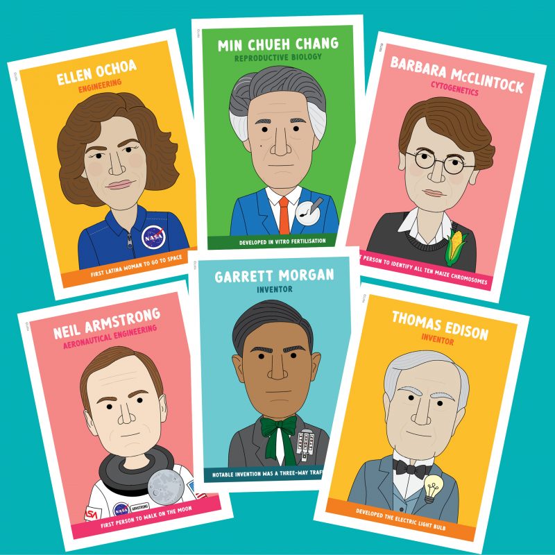 Famous scientist classroom posters with original illustrations and bright colours