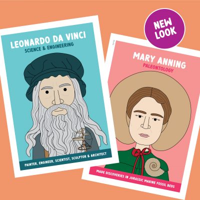 Famous scientist classroom posters with original illustrations and bright colours