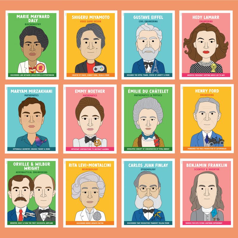 Famous scientist classroom posters with original illustrations and bright colours