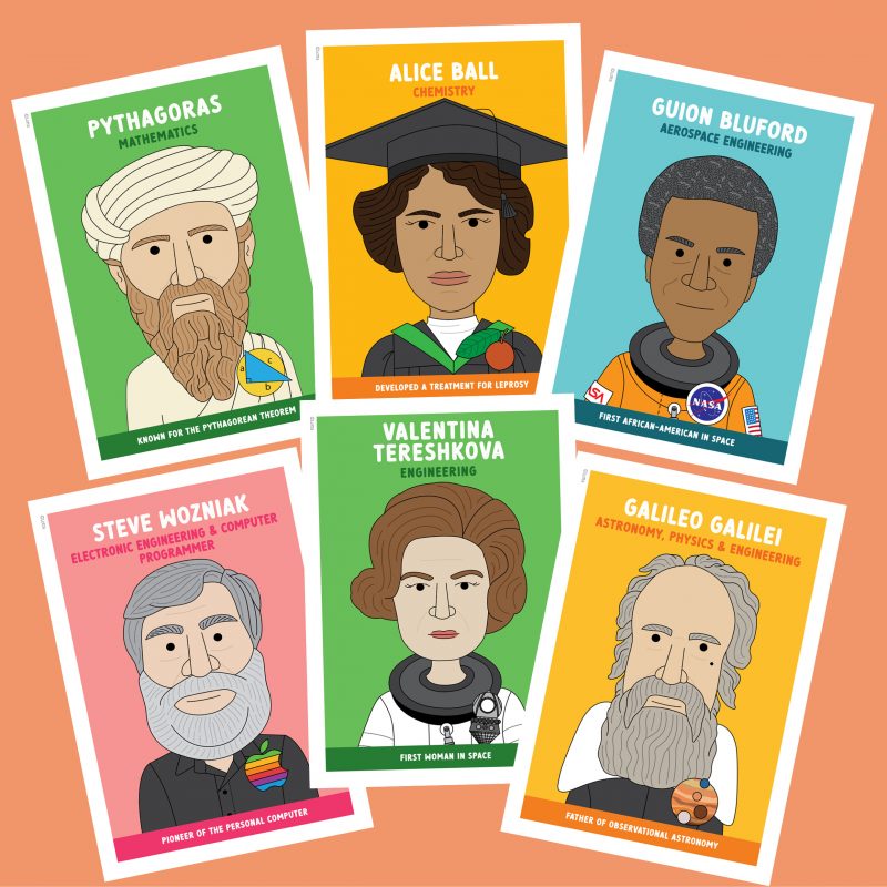 Famous scientist classroom posters with original illustrations and bright colours