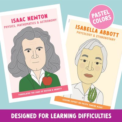 Famous scientist classroom posters in pastel colours designed for neurodiversity Isaac Newton & Isabella Abbott.
